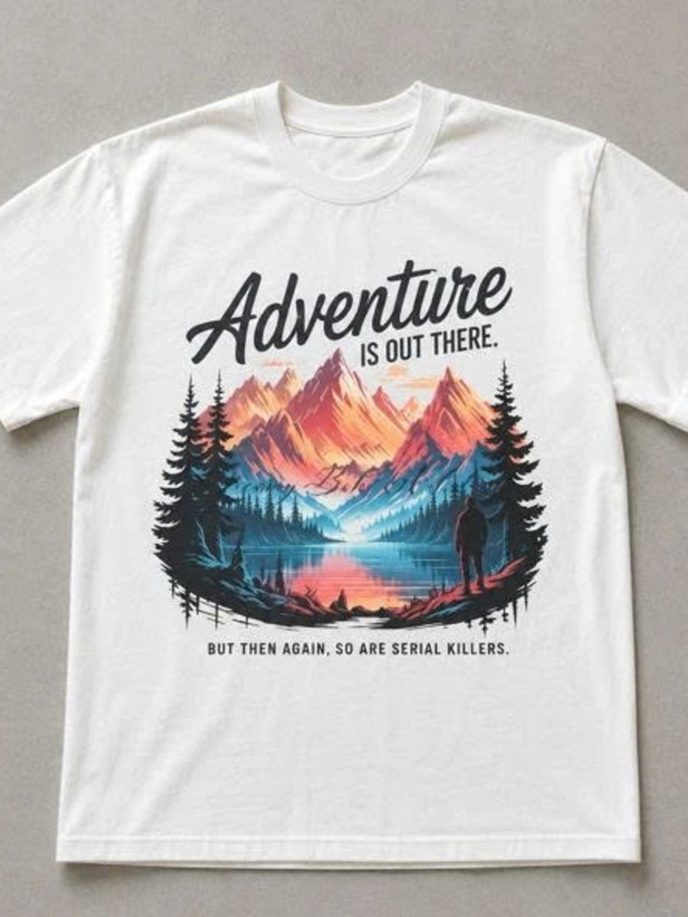 Adventure Graphic Tee with Sunset Mountain Print
